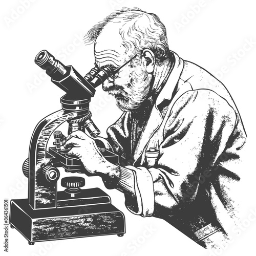 elderly man scientists looking through microscope with engraving style