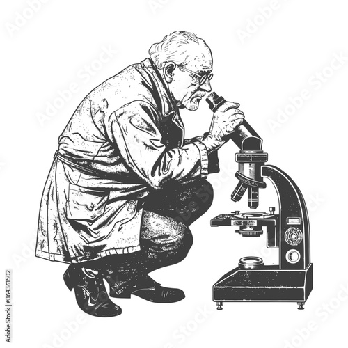 elderly man scientists looking through microscope with engraving style