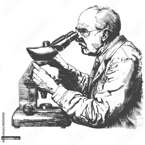 elderly man scientists looking through microscope with engraving style