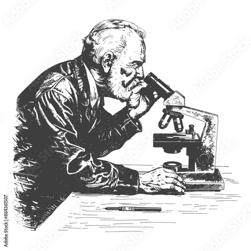 elderly man scientists looking through microscope with engraving style