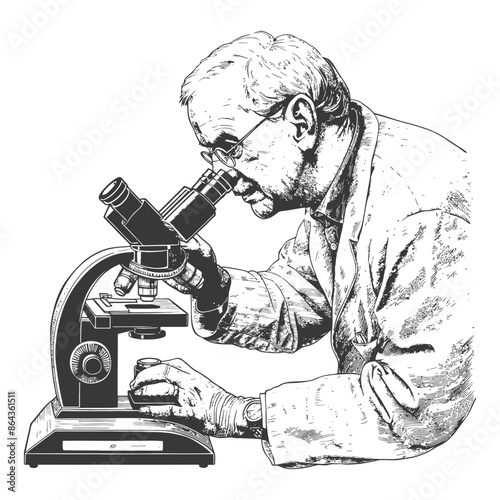 elderly man scientists looking through microscope with engraving style