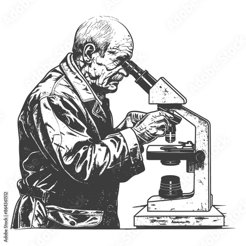 elderly man scientists looking through microscope with engraving style