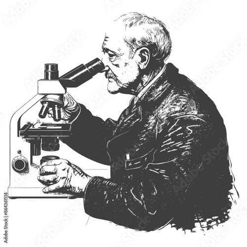 elderly man scientists looking through microscope with engraving style