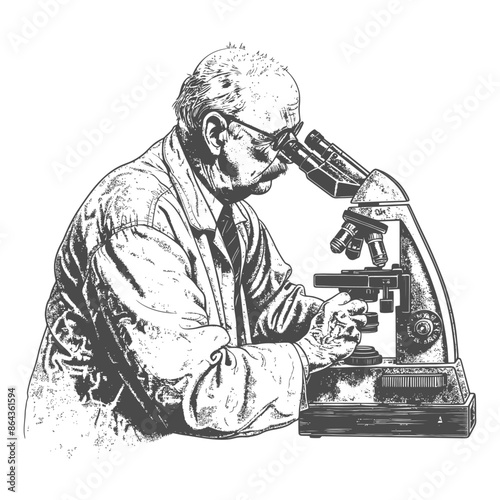 elderly man scientists looking through microscope with engraving style