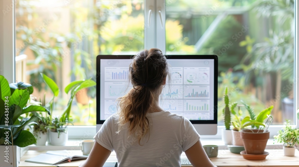 Serene Home Office Productivity and Focus in a Bright Workspace with Analytical Charts and Plants Serene Home Office Productivity and Focus in a Bright Workspace with Analytical Charts and Plants