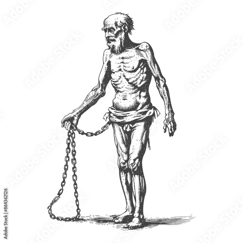 elderly man slave with shackle with engraving style