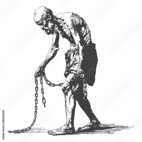 elderly man slave with shackle with engraving style