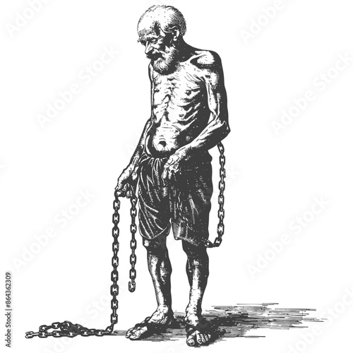elderly man slave with shackle with engraving style