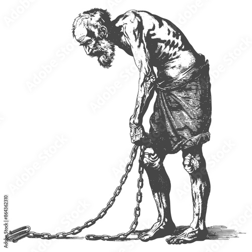 elderly man slave with shackle with engraving style