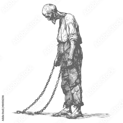 elderly man slave with shackle with engraving style