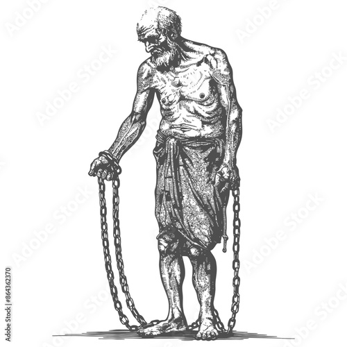 elderly man slave with shackle with engraving style