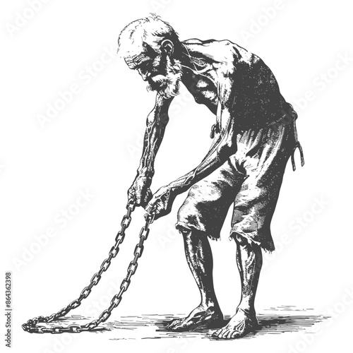 elderly man slave with shackle with engraving style