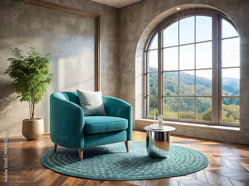 A comfortable teal velvet barrel chair against a mock-up wall of a Venetian plaster wall in a minimalist interior of a modern living room.