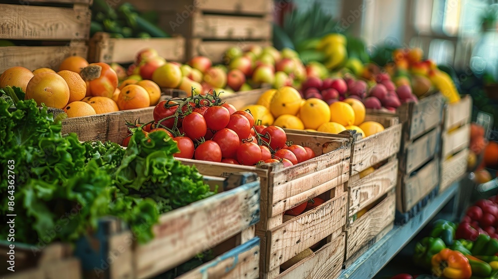 A vibrant and colorful display of fresh vegetables neatly arranged in wooden crates at a market, showcasing a variety of produce including tomatoes, lettuce, and citrus fruits. A vibrant and colorful display of fresh vegetables neatly arranged in wooden crates at a market, showcasing a variety of produce including tomatoes, lettuce, and citrus fruits.