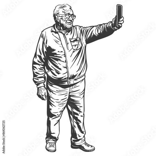 elderly man taking selfie photo on smartphone with poses