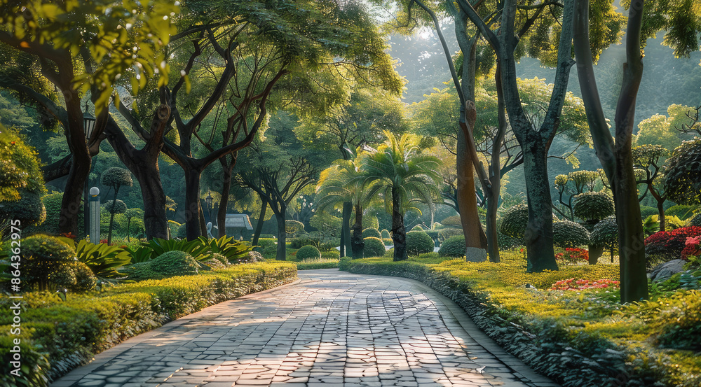 Obraz premium A road leading to the landscape garden. Beside the road, there are green plants. The garden has the sense of oriental Zen. Generative AI.