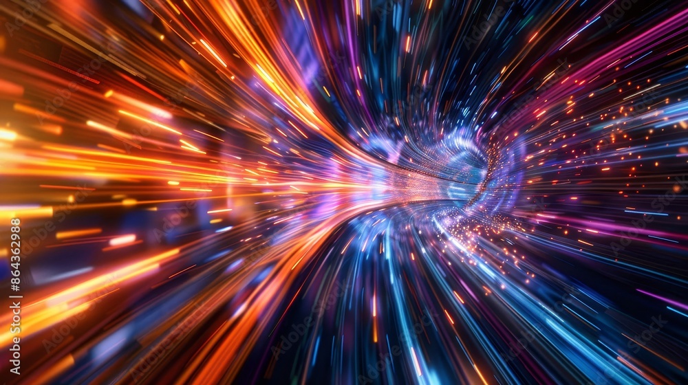 Fototapeta premium Dynamic Technicolor Burst Futuristic Energy and Highspeed Motion in Vibrant Orange Blue and Purple Light Trails