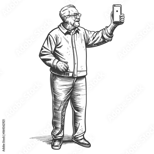 elderly man taking selfie photo on smartphone with poses