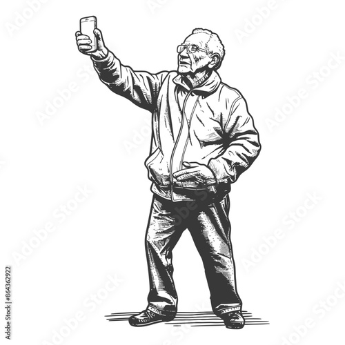 elderly man taking selfie photo on smartphone with poses