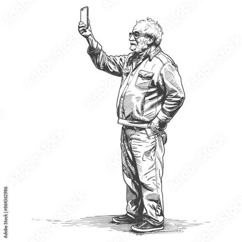 elderly man taking selfie photo on smartphone with poses