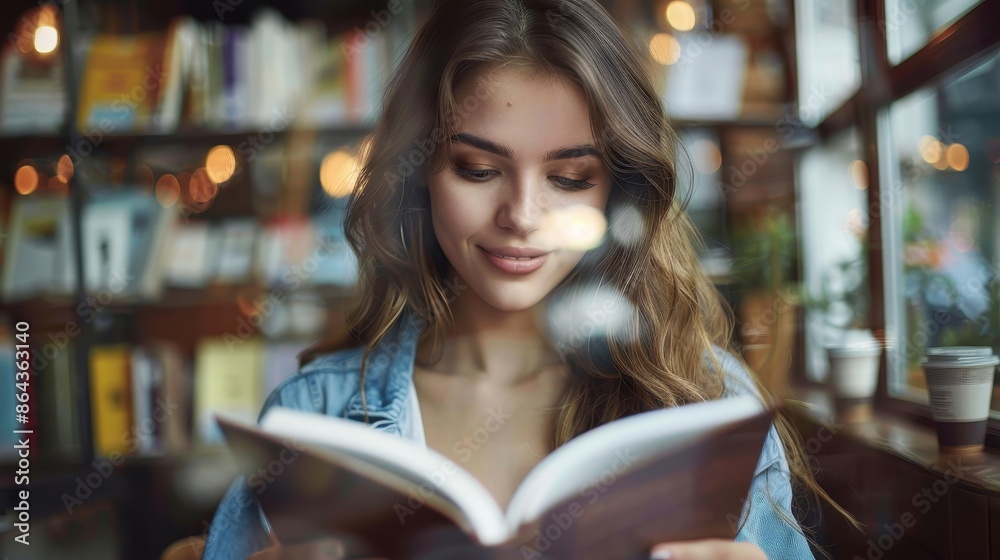 A young woman with long hair sits in a cozy, warmly lit library, deeply engaged in reading a book. Bookshelves and soft lighting create a peaceful ambiance. A young woman with long hair sits in a cozy, warmly lit library, deeply engaged in reading a book. Bookshelves and soft lighting create a peaceful ambiance.