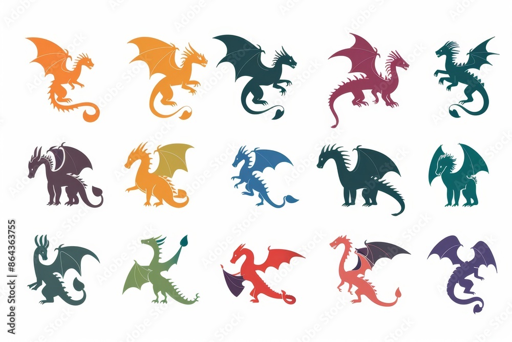 Dragons icon silhouette, dino, wyvern symbols, dinosaurs isolated, mythical monster, minimal flat tattoo