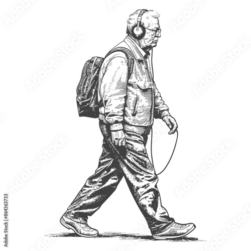 Wallpaper Mural elderly man walking listening to headset with engraving style Torontodigital.ca