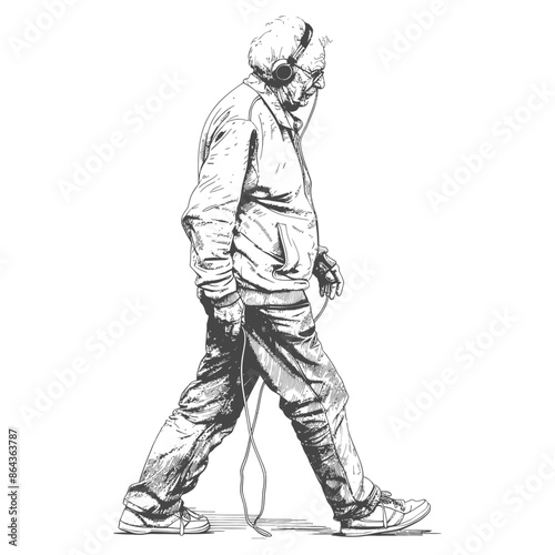 elderly man walking listening to headset with engraving style