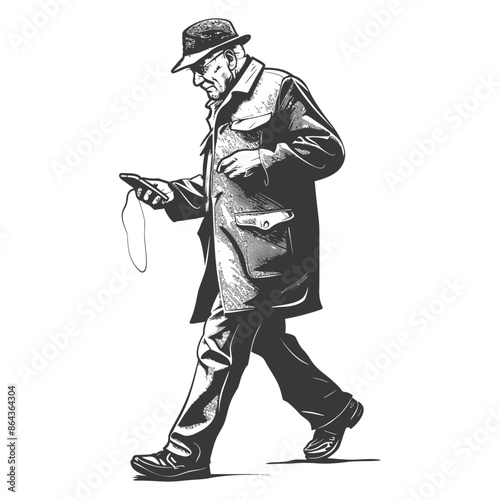 elderly man walking while playing on smartphone with engraving style