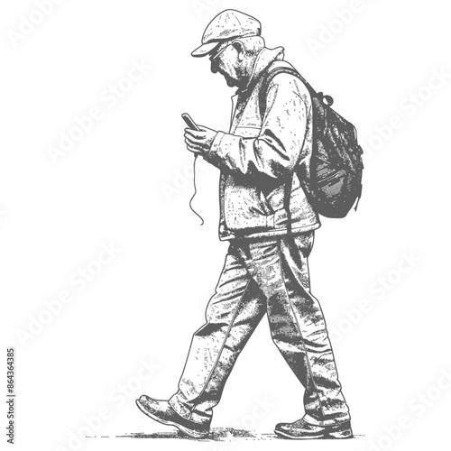 elderly man walking while playing on smartphone with engraving style