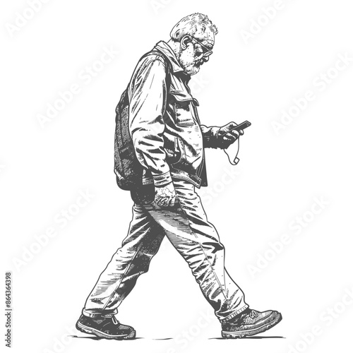elderly man walking while playing on smartphone with engraving style