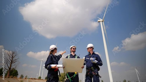 4k slow motion, male and female electrical engineers wearing safety uniform workwear working outdoor, look at blueprints and discuss on a wind farm or wind turbines field used to produce electricity.