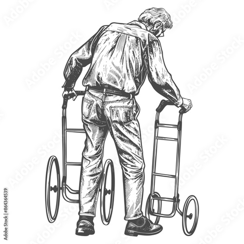 elderly man with walking frames with engraving style