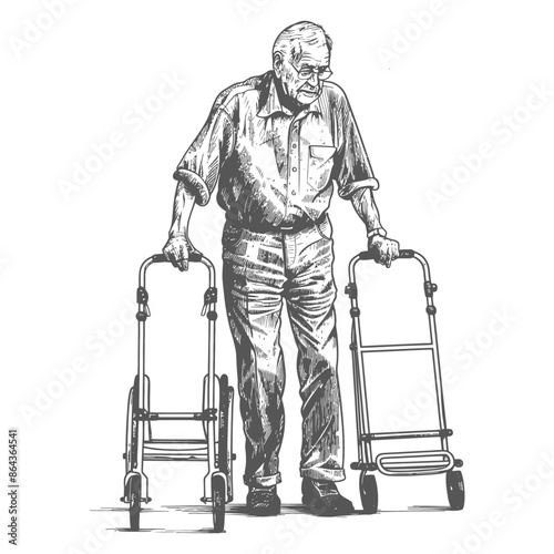 elderly man with walking frames with engraving style