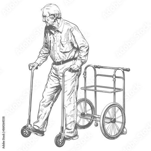 elderly man with walking frames with engraving style