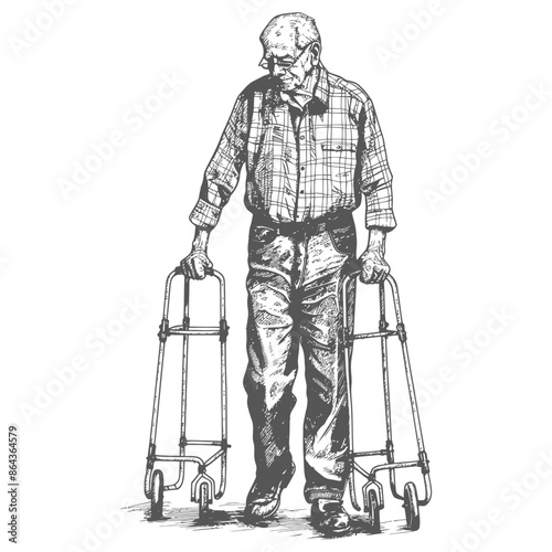 elderly man with walking frames with engraving style