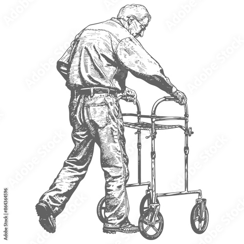 elderly man with walking frames with engraving style