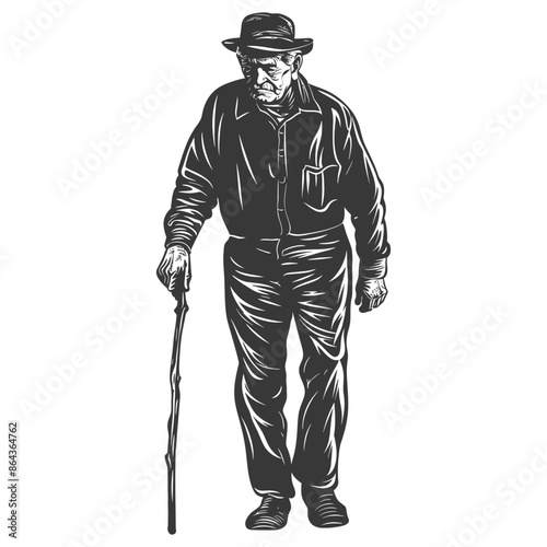 elderly man with walking stick with engraving style