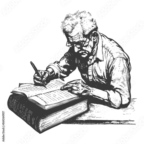 Elderly Man with Glasses Writing in a Large Book, Detailed Black and White Illustration