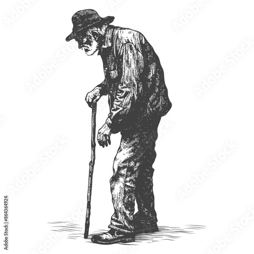 Bent Figure: Aged Man with Cane in Hat, Rough Illustration Style
