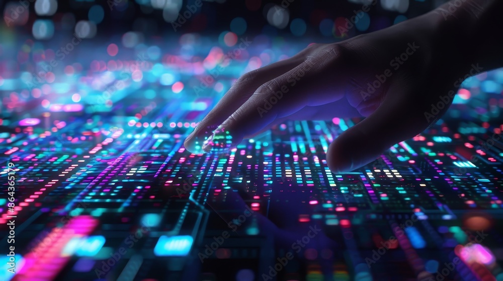 Intuitive Data Visualization Hand interacting with holographic grid in hightech environment Intuitive Data Visualization Hand interacting with holographic grid in hightech environment