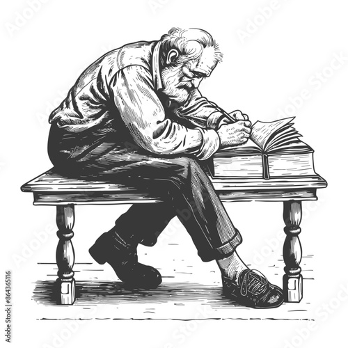 Ink Sketch: Elderly Man Hunched Over Books, Pen in Hand, Contemplative Study.