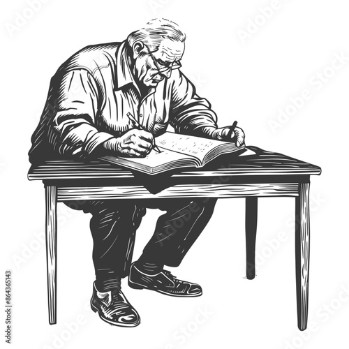 Ink Sketch: Elderly Man with Glasses, Writing in Book at Wooden Desk.