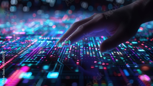 Intuitive Data Visualization Hand interacting with holographic grid in hightech environment