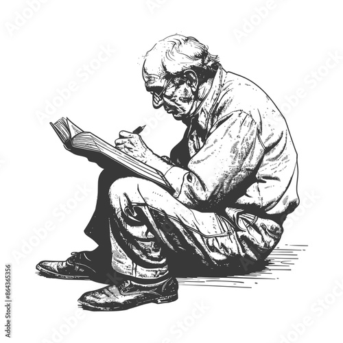 Elderly Artist Sketching, Ink Drawing, Contemplative.