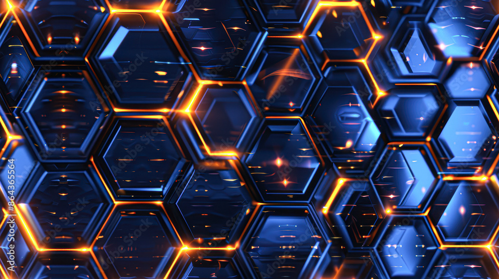A blue and orange hexagonal pattern with a bright yellow glow A blue and orange hexagonal pattern with a bright yellow glow