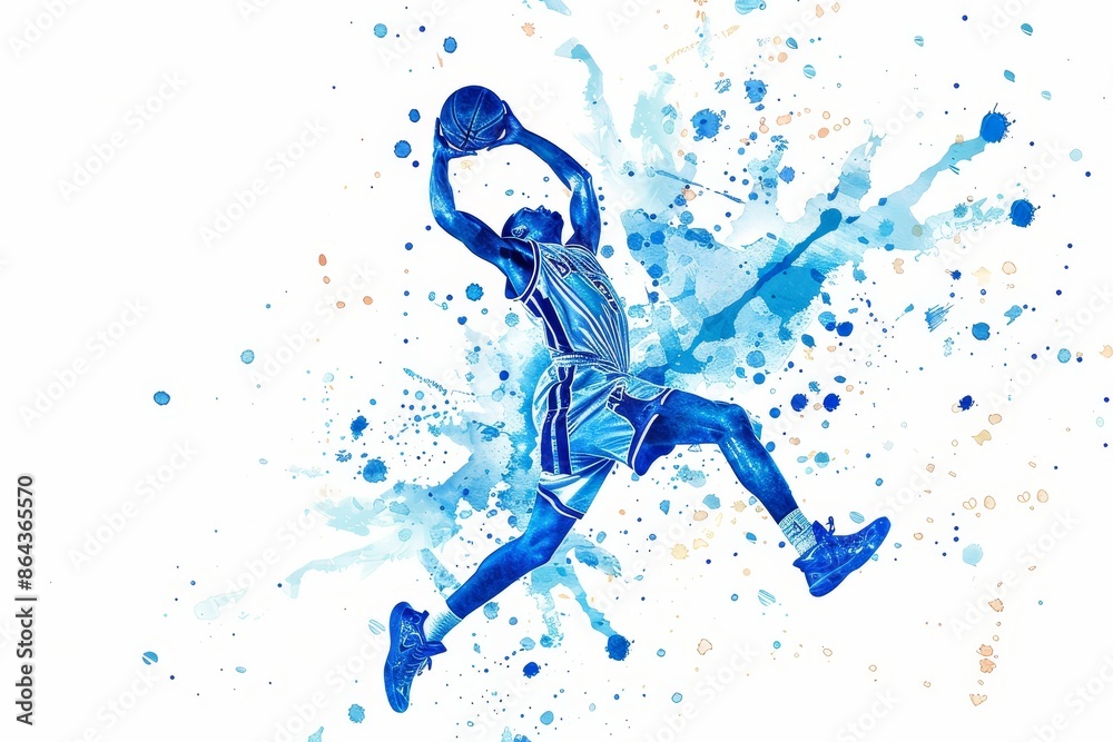 Dynamic blue watercolor illustration of a basketball player in action at the Paris 2024 Olympics, highlighting the excitement and athleticism of the sport, Generative AI