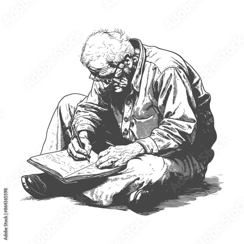 Elderly Man Sits Cross-Legged, Absorbed in Writing, Pen and Notebook, Detailed Illustration.