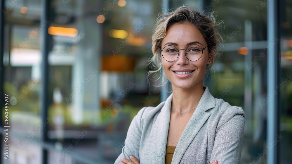 A smiling woman wearing glasses and a gray blazer, exuding confidence and warmth, stands with arms crossed in an inviting modern office environment. A smiling woman wearing glasses and a gray blazer, exuding confidence and warmth, stands with arms crossed in an inviting modern office environment.