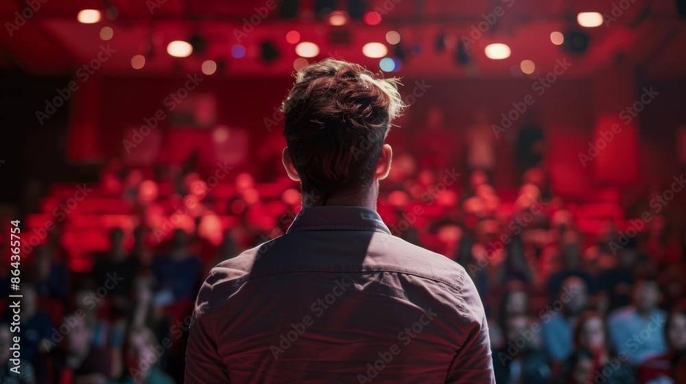 Fototapeta premium man on a stage, about to speak, looking nervous but ready, with an audience in the background